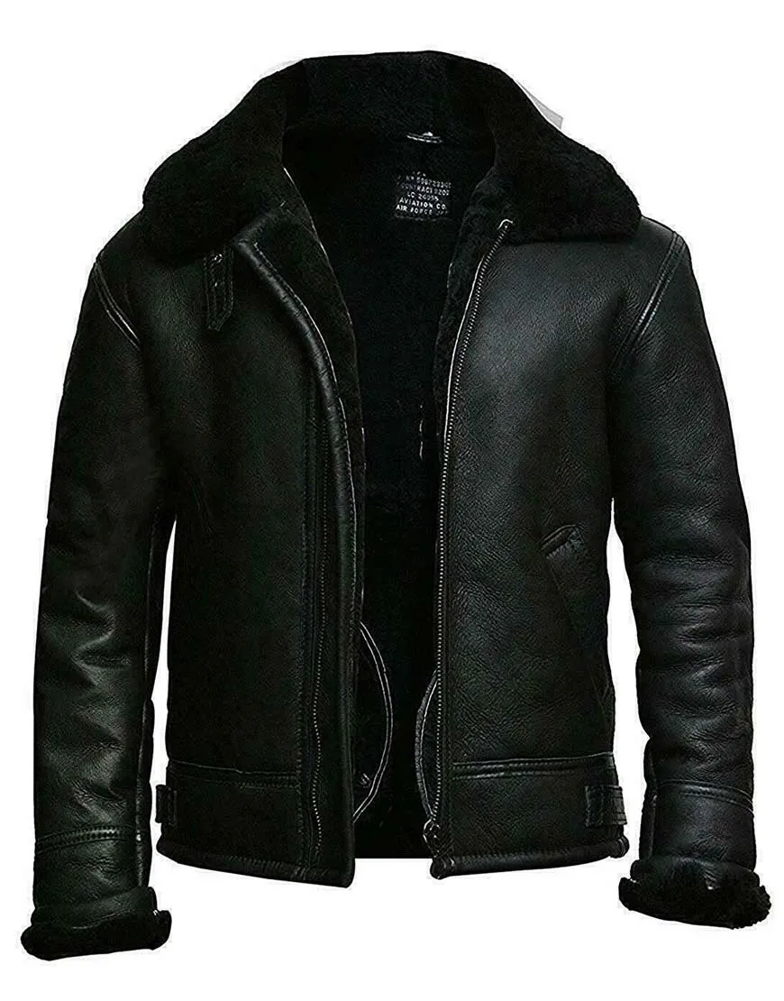 Men's Black Aviator Bomber Jacket | Sheepskin Black Real Leather Jacket